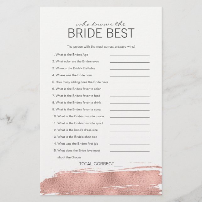 Rose Gold Bridal Who Knows The Bride Best Game (Front)