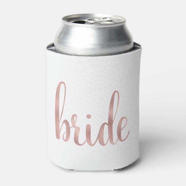 Rose gold bride, chic script, faux foil can cooler (Can Front)