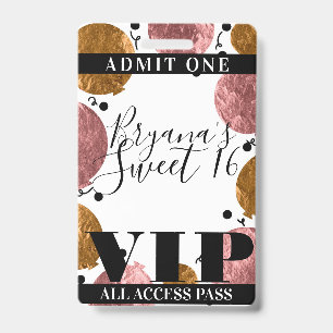 Rose Gold Bronze Balloons Sweet 16 Party VIP Pass Badge