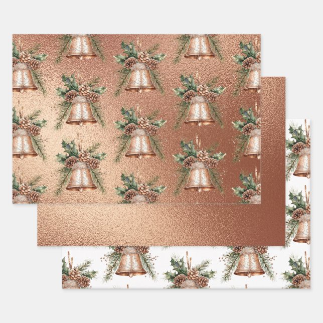 Rose Gold Bronze Christmas Bell Wrapping Paper Sheets (Set)