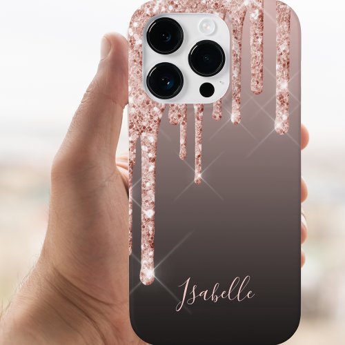Rose gold brown black glitter drips name girly Case_Mate iPhone 14 pro case