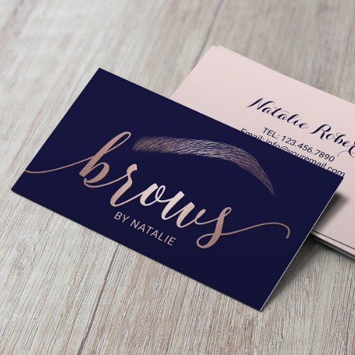 Rose Gold Brows Microblading Salon Typography Navy Business Card