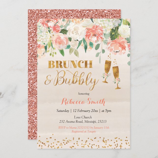 Rose Gold Brunch and Bubbly Shower Invitation (Front/Back)