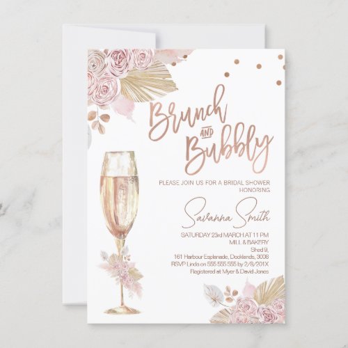 Rose Gold Brunch Bubbly Boho Roses Bridal Shower Invitation