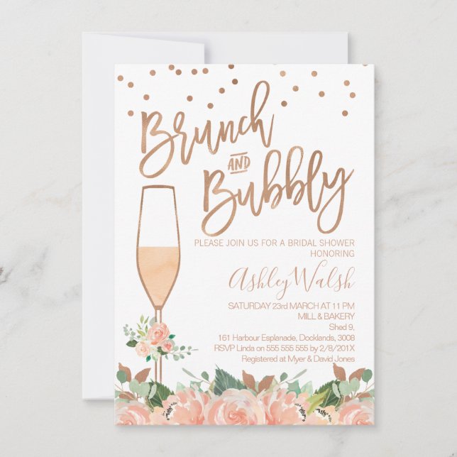 Rose Gold Brunch Bubbly Bridal Shower Invitation (Front)