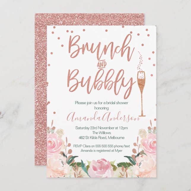 Rose Gold Brunch Bubbly Bridal Shower Invitations (Front/Back)