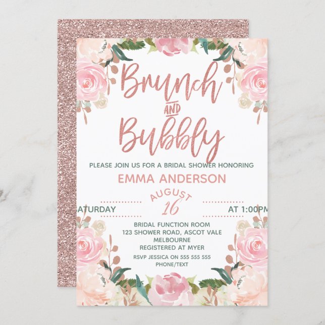 Rose Gold Brunch Bubbly Floral Bridal Invitation (Front/Back)