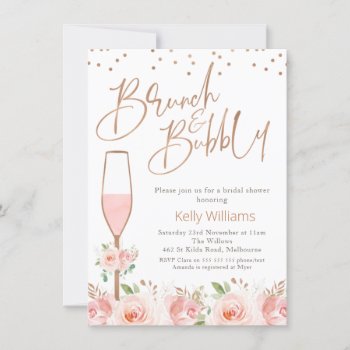 Rose Gold Brunch Bubbly Floral Bridal Shower Invitation by figtreedesign at Zazzle