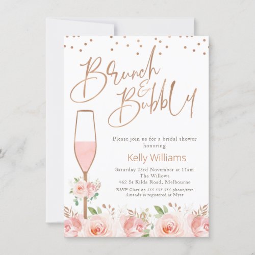 Rose Gold Brunch Bubbly Floral Bridal Shower Invitation