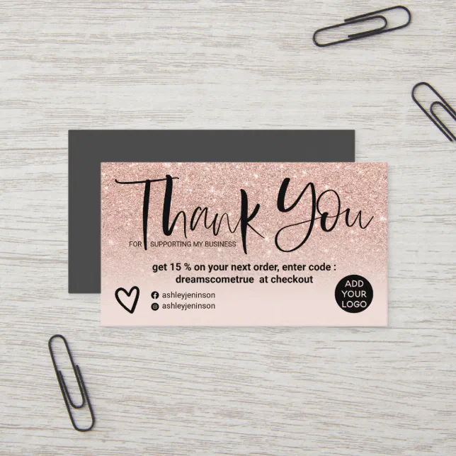 Rose gold brush font blush pink order thank you business card | Zazzle