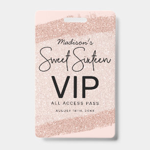 Rose Gold Brush Glitter Sweet 16 Invitation VIP Badge
