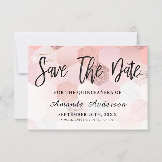 Rose Gold Brush Script  Quinceanera Save The Date (Front)