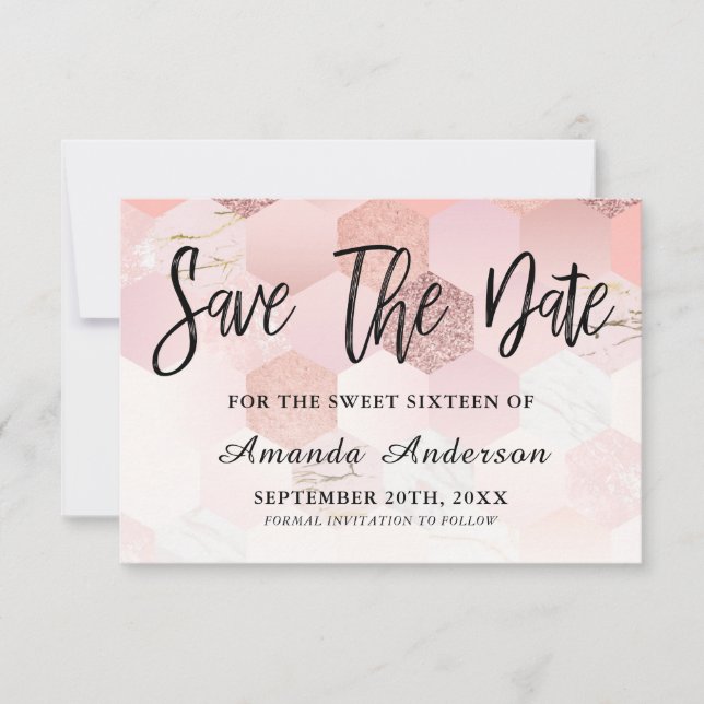 Rose Gold Brush Script Sweet 16 Save The Date (Front)