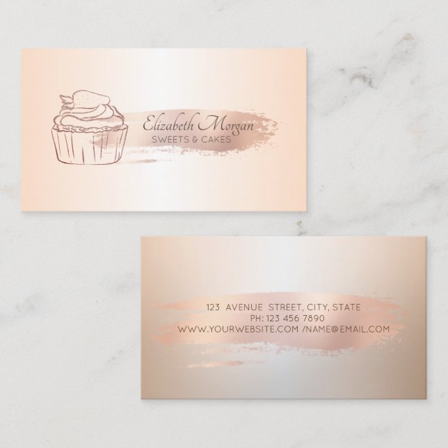 Rose Gold Brush Stroke Glitter Cupcake Business Card (Front/Back)