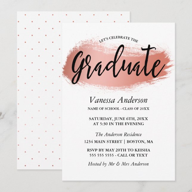 Rose Gold Brush Stroke Graduation Party Invitation (Front/Back)
