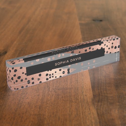 Rose Gold Brush Strokes on Gray with Black Dots Desk Name Plate