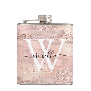 Rose Gold Brush Strokes Script Monogrammed Flask