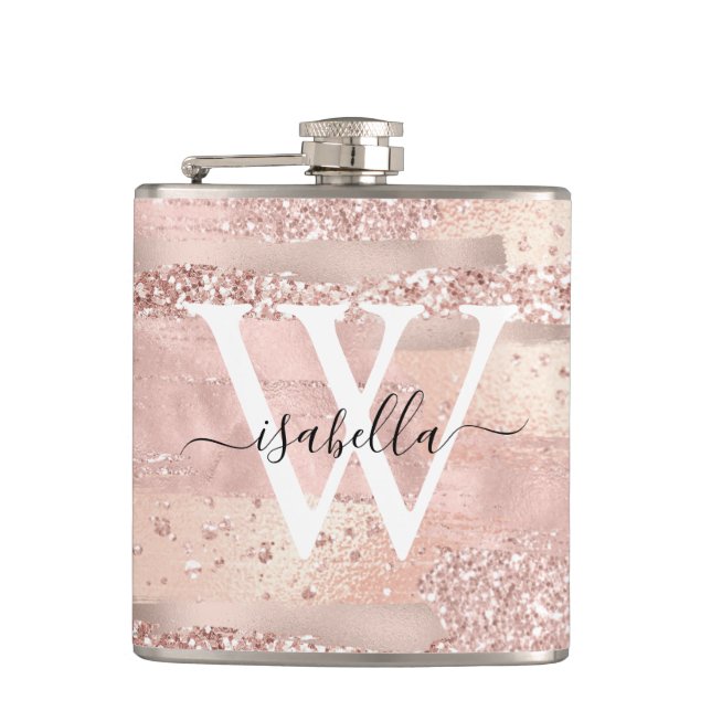 Rose Gold Brush Strokes Script Monogrammed Flask (Front)