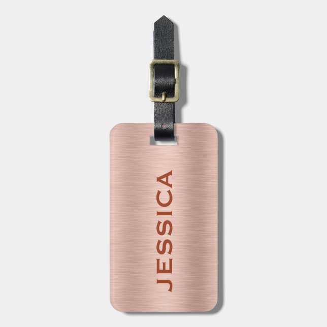 Rose-gold brushed aluminum texture luggage tag (Front Vertical)