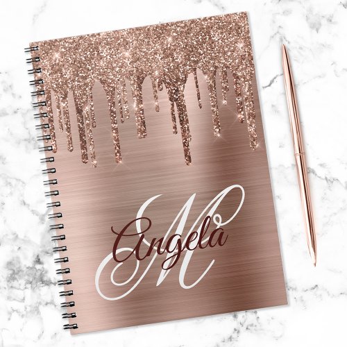 Rose Gold Brushed Foil Glitter Drip Fancy Monogram Notebook