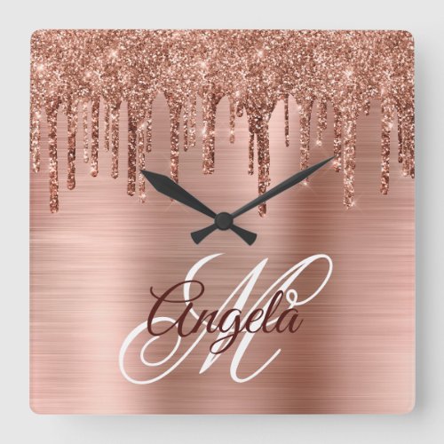 Rose Gold Brushed Foil Glitter Drip Fancy Monogram Square Wall Clock