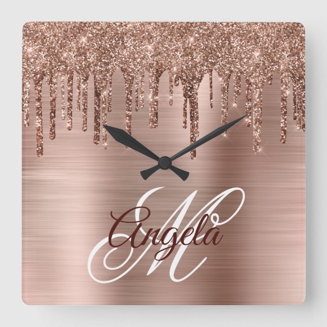 Rose Gold Brushed Foil Glitter Drip Fancy Monogram Square Wall Clock (Front)