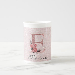 Rose Gold Brushed Glitter Monogram Name Bone China Mug
