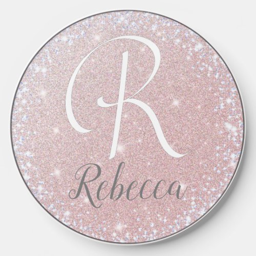Rose Gold Brushed  Glitter Monogram Name  Wireless Charger