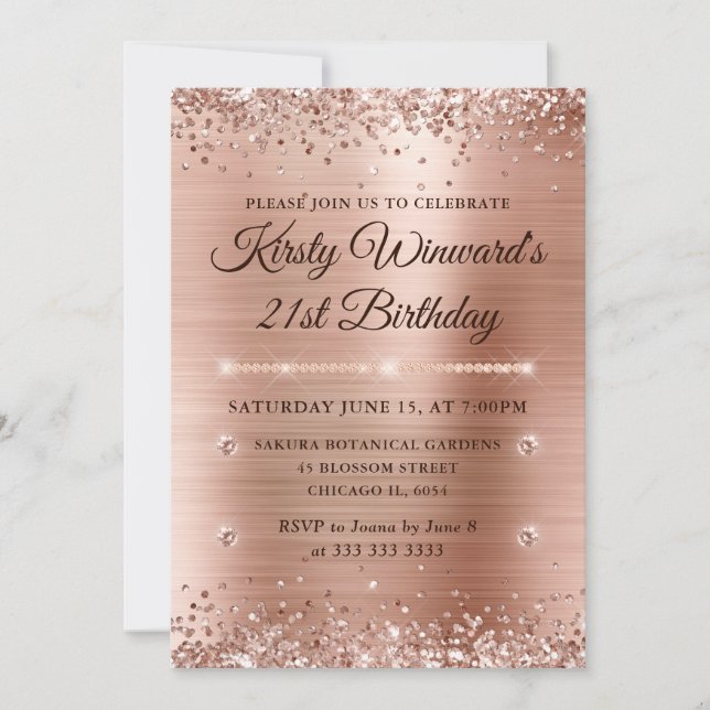 Rose Gold Brushed Metal and Glitter 21st Birthday Invitation (Front)