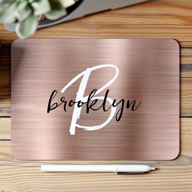 Rose Gold Brushed Metal Black White Monogram  Mouse Pad (Creator Uploaded)