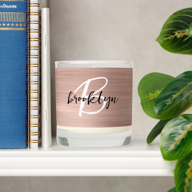 Rose Gold Brushed Metal Black White Monogram Scented Candle (Shelf)