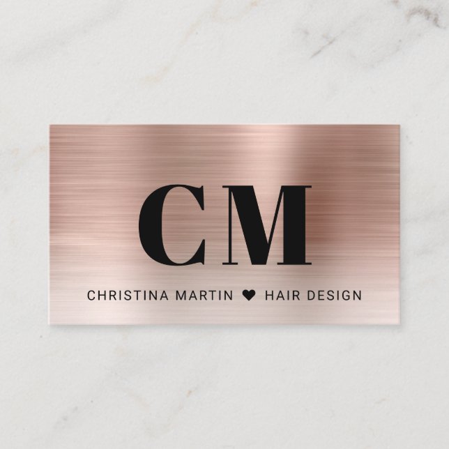 Rose Gold Brushed Metal Bold Typography Monogram  Business Card (Front)