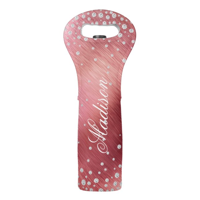 Rose Gold Brushed Metal Diamonds Personalized Name Wine Bag (Front)