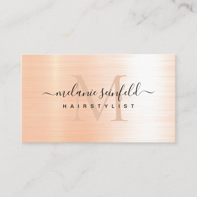 Rose Gold Brushed Metal Elegant Blush Monogram Business Card (Front)