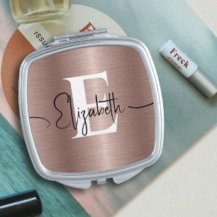 Rose Gold Brushed Metal Elegant White Monogrammed Compact Mirror