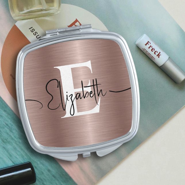 Rose Gold Brushed Metal Elegant White Monogrammed Compact Mirror (Creator Uploaded)