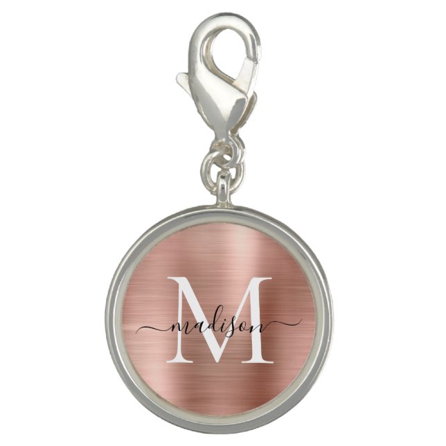 Rose Gold Brushed Metal Foil Monogram Script Name Charm (Front)