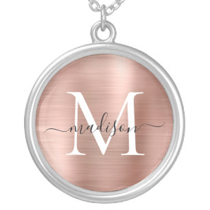 Rose Gold Brushed Metal Foil Monogram Script Name Silver Plated Necklace