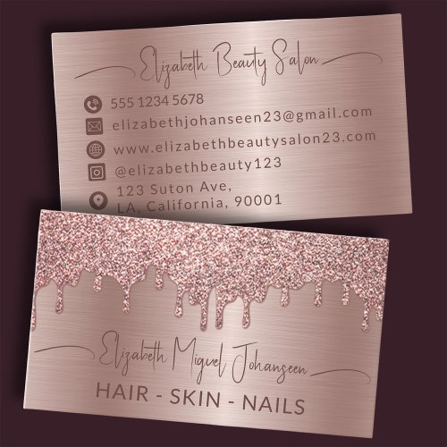 Rose Gold Brushed Metal Glitter Drips Beauty Salon Business Card