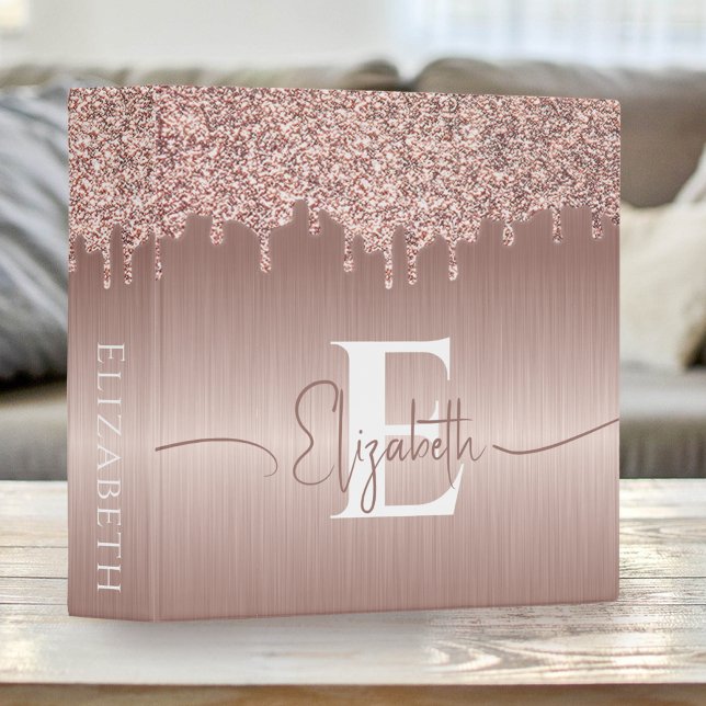 Rose Gold Brushed Metal Glitter Drips Monogrammed 3 Ring Binder (Creator Uploaded)