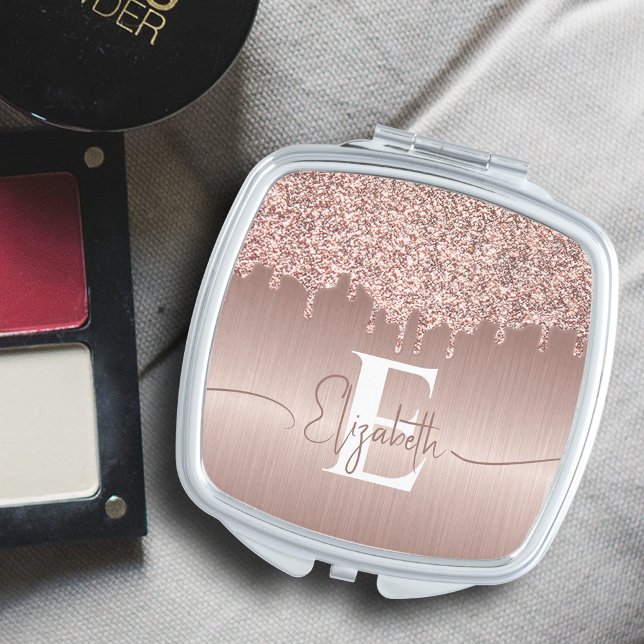 Rose Gold Brushed Metal Glitter Drips Monogrammed Compact Mirror (Creator Uploaded)