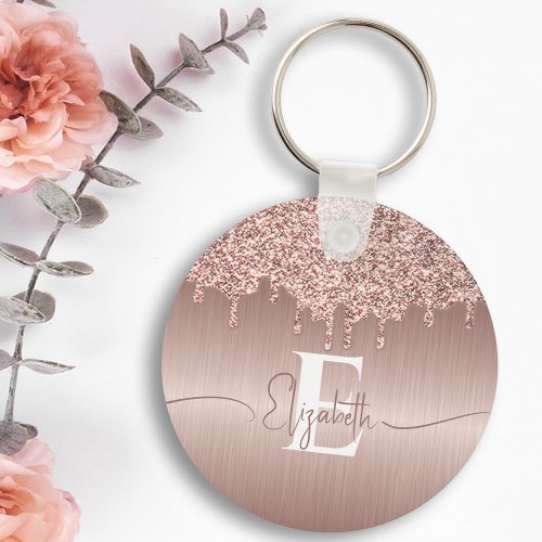 Rose Gold Brushed Metal Glitter Drips Monogrammed Keychain