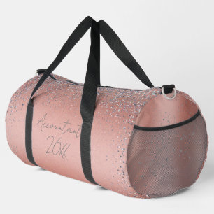 Rose Gold Brushed Metal Glitter Monogram Duffle Bag