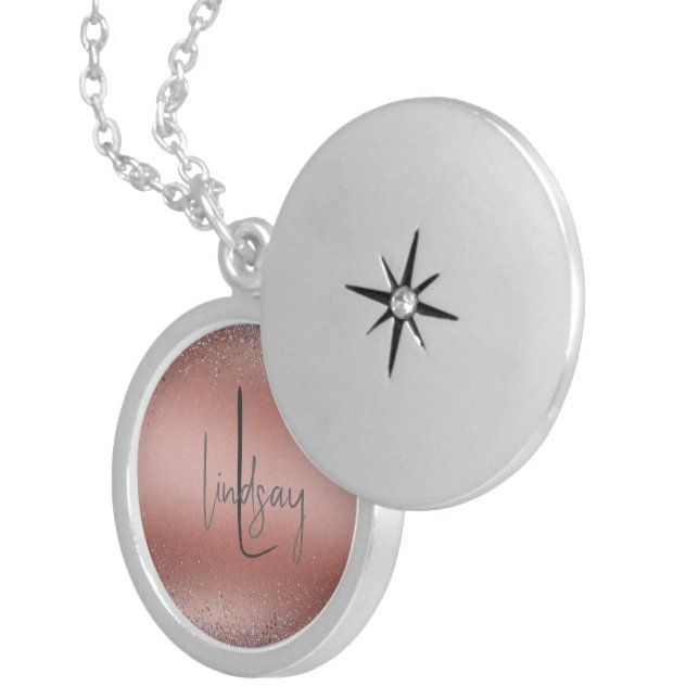 Rose Gold Brushed Metal Glitter Monogram | Locket Necklace (Front Right)