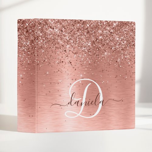 Rose Gold Brushed Metal Glitter Monogram Name 3 Ring Binder