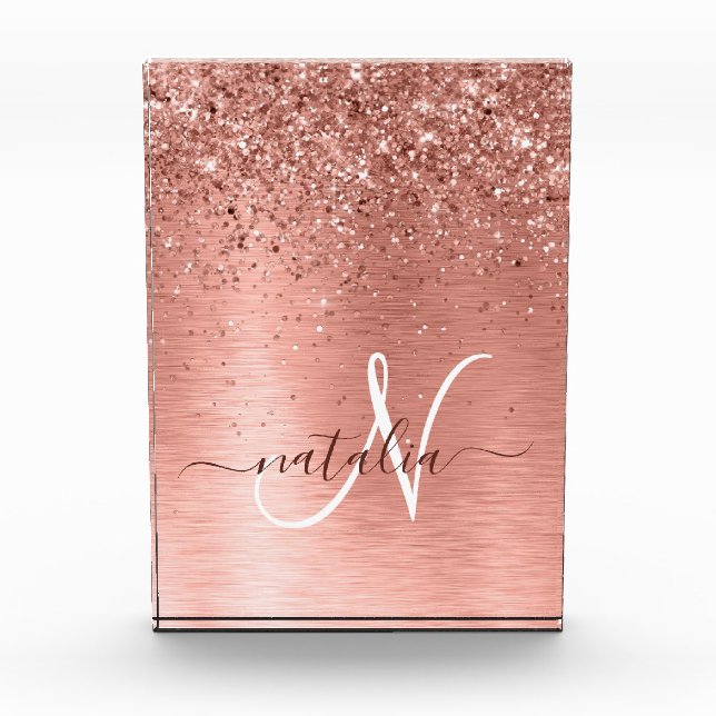 Rose Gold Brushed Metal Glitter Monogram Name Acrylic Award (Front)