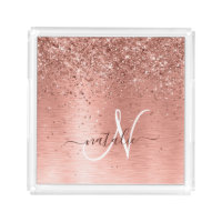 Rose Gold Brushed Metal Glitter Monogram Name