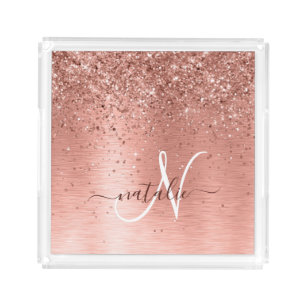 Rose Gold Brushed Metal Glitter Monogram Name Acrylic Tray