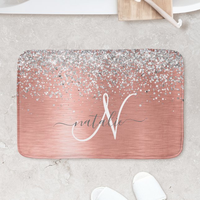 Rose Gold Brushed Metal Glitter Monogram Name Bath Mat (Creator Uploaded)