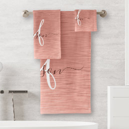 Rose Gold Brushed Metal Glitter Monogram Name Bath Towel Set